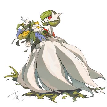 Rule 34 | blue flower, bob cut, bouquet, colored skin, commentary, dress, flipped hair, flower, from side, full body, gardevoir, gen 3 pokemon, green hair, highres, holding, holding bouquet, looking at viewer, mega gardevoir, mega pokemon, nintendo, no mouth, pokemon, pokemon (creature), pokemon focus, profile, red eyes, short hair, signature, supiraji penpen, white background, white dress, white flower, white skin, yellow flower