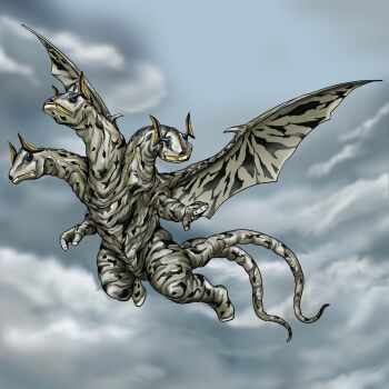 1boy antennae body_markings cloud cloudy_sky colored_skin commentary cyborg day dragon_wings eleking flying giant giant_monster godzilla_(series) highres kaiju king_ghidorah multiple_heads multiple_tails name_connection no_eyes no_humans outdoors satoru33 sky solo tail tokusatsu two_tails ultra_series veins white_skin wings