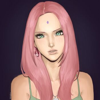 1girl alternate_costume alternate_hairstyle animal_print artist_name black_eyeshadow bleeehrghw commentary downturned_eyes earrings english_commentary eyelashes eyeshadow facial_mark forehead_mark glint green_tank_top hair_over_shoulder haruno_sakura highres ibispaint_(medium) jewelry leopard_print long_hair makeup naruto_(series) necklace parted_hair parted_lips pink_hair purple_background simple_background straight_hair tank_top teeth upper_body