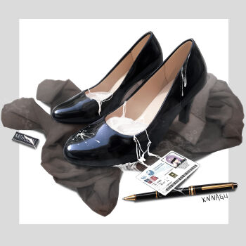 american_flag artist_name badge barcode black_pantyhose black_shoes border censored censored_identity character_name chinese_commentary commentary_request commission cum_in_footwear cum_on_legwear cum_on_object elizabeth_kathleen footwear_focus grey_border high_heels highres id_card implied_hetero indie_virtual_youtuber military_uniform no_humans object_focus pantyhose pen pumps purple_hair second-party_source shiny_footwear shoes simple_background still_life unworn_pantyhose unworn_shoes variant_set virtual_youtuber white_background xnnagu