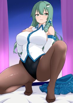 1girl absurdres bed_sheet black_leotard black_panties black_pantyhose blue_skirt blush breasts collared_shirt commentary_request commission curtains detached_sleeves frog_hair_ornament gradient_sky green_eyes green_hair hair_between_eyes hair_ornament highres indoors kochiya_sanae large_breasts leotard leotard_under_clothes lips long_hair looking_at_viewer pamu_art panties pantyhose pixiv_commission pleated_skirt shirt skirt sky snake_hair_ornament solo squatting toes touhou underwear unworn_skirt white_shirt