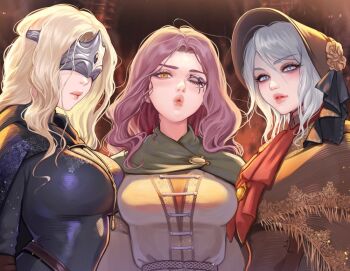 3girls apu_spills_his_tendies_(meme) ascot black_cape blindfold_mask blonde_hair bloodborne bonnet breasts brown_hair brown_hat cape cloak closed_mouth commentary company_connection dark_souls_(series) dark_souls_iii dress elden_ring english_commentary facial_tattoo fire_keeper flower fromsoftware green_cape grey_dress grey_eyes grey_hair hat hood hooded_cloak large_breasts long_hair looking_at_viewer mask medium_hair melina_(elden_ring) meme multiple_girls one_eye_closed plain_doll prywinko red_ascot short_hair tattoo tears teeth upper_body yellow_eyes