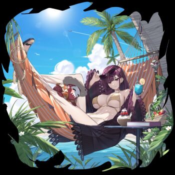 1girl ^_^ adjusting_eyewear basket bikini blue_sky book breasts cane chernobog_(counter:side) closed_eyes cloud commentary contrail counter:side cup day drinking_glass drinking_straw english_commentary eyewear_on_head felix_(counter:side) flip-flops food fruit gold_bikini grapes hand_up holding holding_cup knee_up large_breasts legs lemon lemon_slice long_hair looking_at_viewer lying navel ocean official_alternate_costume official_art on_back on_hammock outdoors palm_leaf palm_tree purple_eyes purple_hair robe sandals shade shaved_ice simple_bird sky smile sun sunglasses swimsuit table tree underboob