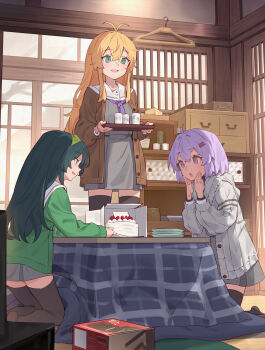 3girls :d ahoge antenna_hair black_thighhighs blonde_hair branch brown_eyes brown_jacket cake clothes_hanger commentary_request cup drinking_glass food fruit green_eyes green_hair green_jacket grey_eyes grey_jacket grey_serafuku grey_shirt grey_skirt hair_between_eyes hair_ornament hairclip hands_up highres holding holding_tray indoors jacket kneeling kotatsu long_hair long_sleeves multiple_girls no_shoes open_mouth puffy_long_sleeves puffy_sleeves purple_hair sailor_collar school_uniform serafuku shirt skirt smile standing strawberry table thighhighs touhoku_zunko tray tsurumaki_maki very_long_hair voiceroid white_sailor_collar yamamomo_(plank) yuzuki_yukari