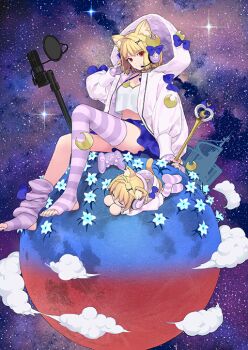 Rule 34 | 2girls, animal ears, arcueid brunestud, arm support, asymmetrical legwear, blue bow, blue flower, blue skirt, bow, breasts, cat ears, cat girl, chibi, closed mouth, cloud, controller, creature, crescent, crop top, crop top overhang, dual persona, fate/grand order, fate (series), fingerless gloves, flower, full body, game cg, game controller, gloves, hair ornament, halterneck, hand on headphones, headphones, headset, holding, holding wand, hood, hood up, hooded jacket, implied extra ears, jacket, knee up, looking at viewer, loose socks, medium breasts, microphone, microphone stand, midriff, miniskirt, moon, multiple girls, neco-arc, neco spirit, official art, open clothes, open jacket, phantas-moon, phantas-moon (second ascension), pink jacket, pop filter, purple gloves, purple thighhighs, shirt, short hair, single hair intake, sitting, skirt, smile, socks, solo focus, star (sky), starry sky background, stirrup legwear, striped clothes, striped gloves, striped thighhighs, takenashi eri, thighhighs, third-party source, toeless legwear, toes, uneven legwear, unzipped, variant set, wand, white flower, white shirt, x hair ornament, zipper