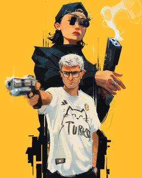 1boy 1girl 2024_summer_olympics aiming black_hair black_pants black_shirt facial_hair finger_on_trigger glasses glint gun hand_in_pocket handgun hat highres holding holding_gun holding_weapon jewelry kim_yeji olympics pants real_life ring sam_yang shirt short_hair short_sleeves simple_background smoke smoking_barrel sunglasses t-shirt watch weapon white_hair white_shirt wristwatch yellow_background yusuf_dikec