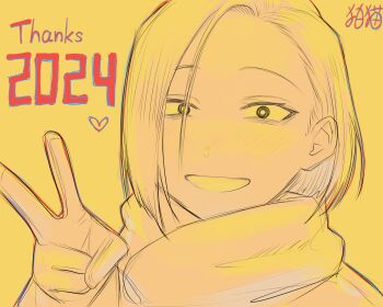 1girl 2024 absurdres commentary_request gloves heart highres koma_neko kusagaya_hitomi limited_palette original portrait raised_eyebrows scarf short_hair signature sketch solo v