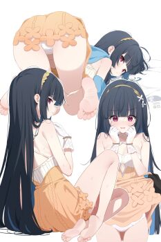 Rule 34 | 2girls, ass, barefoot, black hair, blue hair, blue scarf, blush, breasts, cleavage, clothes lift, clothing cutout, colored inner hair, commentary, criss-cross halter, deyui, dress, dress lift, embarrassed, extra pupils, feet, female tyrant (stella sora), flying sweatdrops, gloves, hairband, halterneck, hashtag-only commentary, highres, lace, lace-trimmed gloves, lace trim, lifting another's clothes, long hair, medium breasts, multicolored hair, multiple girls, multiple views, nazuka (stella sora), open mouth, orange dress, panties, parted lips, peanut mouth, red eyes, scarf, short dress, sitting, sleeveless, sleeveless dress, soles, solo focus, standing, stella sora, thigh gap, toes, top-down bottom-up, two-tone dress, two-tone hair, tyrant (stella sora), underboob, underboob cutout, underwear, very long hair, wavy mouth, wet, white dress, white gloves, white panties