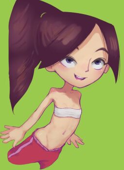 1girl blue_eyes blush brown_hair conoghi flat_chest green_background high_ponytail lele_xiong_du_kezue loli long_hair looking_up midriff navel open_mouth pants ponytail red_pants shirt smile standing strapless teeth tube_top white_shirt xixi_(lele_xiong_du_kezue)