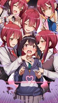 &gt;:) 6+girls :d ;d @_@ ^_^ animal_ear_hairband animal_ears aqua_necktie bad_girl_(manga) black_hair black_vest blue_hair blue_hoodie blush cat_ear_hairband cat_ears clone_harem closed_eyes closed_mouth collared_shirt colored_inner_hair commentary_request cowboy_shot double-parted_bangs dress_shirt drooling fake_animal_ears gradient_hair grey_skirt hairband headpat heart heart_hands highres holding_hairband hood hoodie long_sleeves looking_at_another marutenmaruten mizutori_atori mouth_drool multicolored_hair multiple_girls multiple_persona necktie one_eye_closed open_mouth oscilloscope pleated_skirt profile raised_inner_eyebrows red_hair red_necktie shirt sidelocks sideways_mouth skirt smile split_mouth squiggle v-shaped_eyebrows vest white_shirt yellow_eyes yuri yuutani_yuu