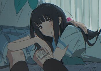 2girls aqua_neckerchief bandage_on_knee black_hair black_socks blue_skirt blunt_bangs chinese_commentary commentary curtains hand_on_another's_back hibike!_euphonium highres kasaki_nozomi kneehighs liz_to_aoi_tori long_hair looking_at_viewer lying multiple_girls neckerchief on_stomach parted_lips pink_eyes pink_scrunchie q_(404_nonq) school_uniform scrape scraped_knee scrunchie serafuku sidelocks sitting skirt socks upper_body white_serafuku wrist_scrunchie yoroizuka_mizore