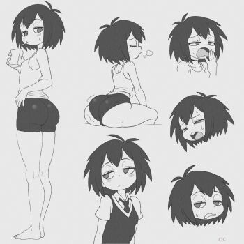 1girl :< ass bike_shorts champchidi commentary drink_carton drinking drinking_straw english_commentary greyscale highres holding holding_juice_box huge_ass juice_box loli looking_back marvel monochrome multiple_views necktie panties peni_parker short_shorts shorts spider-man:_into_the_spider-verse spider-man_(series) spider-verse tank_top teeth underwear upper_teeth_only vest yawning