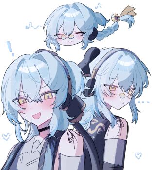 ! ... 1girl bare_shoulders black_choker blue_hair braid buling_(wuthering_waves) choker closed_eyes closed_mouth commentary glasses hair_between_eyes headphones heart highres long_hair looking_at_viewer multiple_views musical_note open_mouth pince-nez round_eyewear simple_background smile soyogi_nrso sunglasses white_background wuthering_waves yellow_eyes