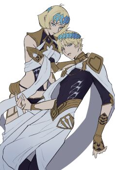 1boy 1girl armor basic_learning blonde_hair blue_eyes brother_and_sister cape castor_(fate) castor_(fate)_(cosplay) char_aznable cosplay fate/grand_order fate_(series) gundam gundam_gquuuuuux highres laurel_crown looking_at_viewer open_mouth pollux_(fate) pollux_(fate)_(cosplay) sayla_mass shirt short_hair siblings simple_background white_background