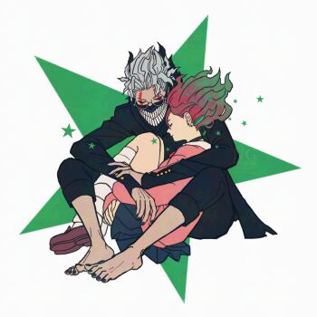 Rule 34 | 1boy, 1girl, ayase momo, barefoot, black choker, black jacket, black nails, black pants, blue skirt, brown hair, brown shoes, choker, closed eyes, closed mouth, commentary request, dandadan, earrings, facial mark, fetal position, floating hair, from side, full body, gakuran, glasses, grey hair, highres, hug, hugging own legs, jacket, jewelry, k ysd001, kami high school uniform, knees up, long sleeves, loose socks, mask, mouth mask, nail polish, pants, pants rolled up, pink sweater, pleated skirt, profile, round eyewear, school uniform, shoes, short hair, sitting, sitting between lap, skirt, socks, star (symbol), sweater, takakura ken (dandadan), takakura ken (transformed) (dandadan), teeth, toenail polish, toenails, transformation, white socks