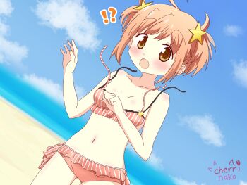 Rule 34 | !, !?, 1girl, ?, bikini, brown eyes, brown hair, cherrinako, female focus, highres, inokuma youko, kirara fantasia, looking at viewer, navel, open mouth, panties, pink panties, shadow, short hair, sky, solo, standing, swimsuit, underwear, underwear only, water