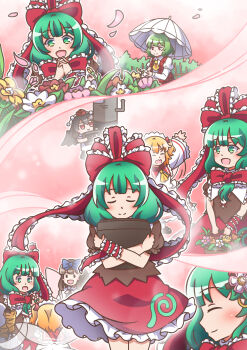 5girls 6+girls absurdres blonde_hair bow brown_hair camera dress fairy_wings flower front_ponytail green_eyes green_hair hayo_(qudtjr4682) highres holding holding_camera holding_umbrella kagiyama_hina kazami_yuuka luna_child multiple_girls open_mouth red_bow red_dress red_eyes red_ribbon ribbon shameimaru_aya shirt smile star_sapphire sunny_milk touhou umbrella white_shirt wings