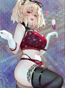 1girl alcohol bare_shoulders black_thighhighs blonde_hair blush bra breasts burnice_white commentary cup elbow_gloves eyewear_on_head gloves gurei_(streaper42846) heart highres holding holding_cup leg_tattoo looking_at_viewer navel open_mouth panties piercing red-tinted_eyewear red_bra red_eyes red_panties smile solo stomach sunglasses tattoo thighhighs thighs tinted_eyewear tongue_piercing underwear white_gloves wine zenless_zone_zero