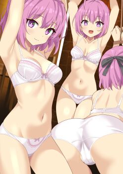 1girl :d ahoge armpits arms_up ass back bare_shoulders bars bdsm belly black_ribbon bondage bound bound_wrists bow bow_bra bow_panties bra breasts cameltoe choujin_koukousei-tachi_wa_isekai_demo_yoyuu_de_ikinuku_you_desu! clenched_hand clenched_hands closed_mouth collarbone commentary_request commission dungeon hair_between_eyes hair_ornament hair_ribbon highres indoors lace lace-trimmed_bra lace-trimmed_panties lace_trim legs looking_ahead looking_at_viewer looking_to_the_side medium_breasts medium_hair multiple_views navel open_mouth panties partial_commentary partially_visible_vulva pink_bow pink_eyes pink_hair pixiv_commission purple_eyes ribbon rope rope_belt sarutobi_shinobu shimouki_izui short_hair small_breasts smile stomach stone_wall thigh_gap thighs trefoil underwear underwear_only white_bra white_panties