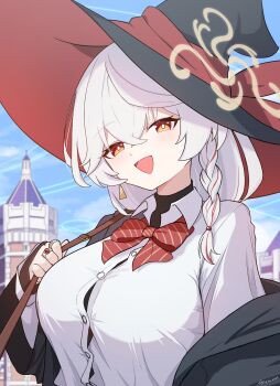 1girl black_robe blue_archive bow breasts buttons collared_shirt earrings eri_(blue_archive) hair_between_eyes halo hat highres jewelry large_breasts long_hair long_sleeves looking_at_viewer ltg_long multicolored_hair open_mouth orange_eyes outdoors red_bow red_hair ring robe school_uniform shirt single_earring smile solo striped_bow striped_clothes upper_body very_long_hair white_hair white_shirt witch witch_hat yellow_halo