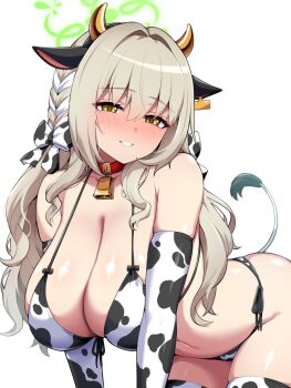 1girl animal_ear_hairband animal_ears animal_print bare_shoulders bell bikini blue_archive blush braid breasts cleavage commentary_request cow_ear_hairband cow_ears cow_horns cow_print cow_print_bikini cow_print_gloves cow_print_thighhighs cowbell ear_tag elbow_gloves fake_animal_ears fake_horns front-tie_bikini_top front-tie_top gloves green_halo grey_hair hair_ribbon hairband halo highres horns kanno_takanori large_breasts long_hair looking_at_viewer miyo_(blue_archive) neck_bell print_bikini print_gloves print_thighhighs ribbon ribbon_braid side-tie_bikini_bottom simple_background solo string_bikini swimsuit thighhighs white_background yellow_eyes