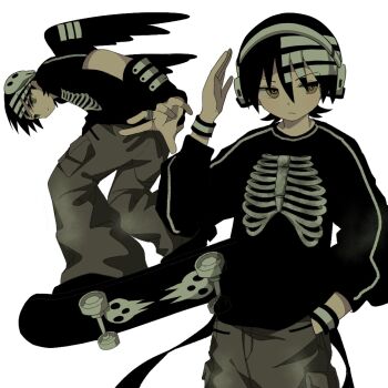 1boy :/ arm_up asymmetrical_hair black_hair black_wings bracelet brown_eyes closed_mouth cowboy_shot death_the_kid debakshotgun0 dot_nose grey_pants hand_in_pocket hashtag-only_commentary highres jewelry male_focus multicolored_hair multiple_views pants print_shirt ribs shirt sideways_glance simple_background skateboard skating soul_eater streaked_hair striped_clothes striped_shirt vertical-striped_clothes vertical-striped_shirt vertical-striped_sleeves white_background white_hair wings