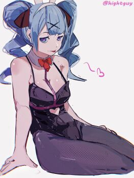 1girl :p animal_ears arm_support arms_at_sides artist_name bare_arms bare_shoulders black_bow black_leotard black_pantyhose blue_eyes blue_hair blunt_bangs bow bowtie breasts chromatic_aberration cleavage closed_mouth clothing_cutout commentary cowboy_shot curly_hair cutout_above_navel detached_collar expressionless fake_animal_ears film_grain fingernails grey_background hair_bow hairband halftone hatsune_miku heart heart-shaped_pupils heart_cutout highres hightguy jitome leotard long_hair looking_at_viewer medium_breasts pantyhose pink_pupils playboy_bunny rabbit_ears rabbit_hole_(vocaloid) red_bow red_bowtie sidelocks sideways_glance simple_background sitting solo symbol-only_commentary symbol-shaped_pupils tongue tongue_out twintails vocaloid white_hairband yokozuwari