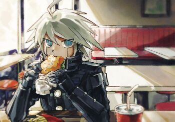 1boy ahoge android armor blue_eyes burger commentary_request cup danganronpa_(series) danganronpa_v3:_killing_harmony disposable_cup eating food french_fries grey_hair hair_between_eyes highres holding holding_burger holding_food indoors k1-b0 looking_at_viewer male_focus power_armor restaurant solo spiked_hair stool table yuin_sb