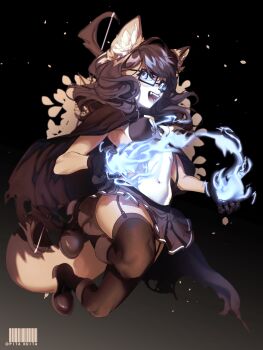 1girl :d absurdres animal_ears black-framed_eyewear black_bra black_skirt bra brown_cape brown_thighhighs cape commentary commission dog_ears dog_girl english_commentary fangs furry furry_female glasses gradient_background highres magic miniskirt navel open_mouth original pita-potato pleated_skirt shoes skirt smile solo staff stomach teeth thighhighs tongue torn_cape torn_clothes underwear