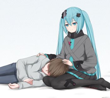 Rule 34 | 1boy, 1girl, aqua eyes, aqua hair, aqua trim, bandaid, bandaid on leg, batsu miku, black pants, black skirt, breasts, brown hair, closed mouth, commentary request, grey background, grey jacket, hair ornament, hatsune miku, highres, jacket, kowareta sekai to utaenai miku, lap pillow, long hair, looking at another, master (vocaloid), medium breasts, miniskirt, nekoinu bamboo, pants, pleated skirt, project sekai, signature, simple background, skirt, smile, turtleneck, turtleneck jacket, twintails, very long hair, vocaloid, x hair ornament