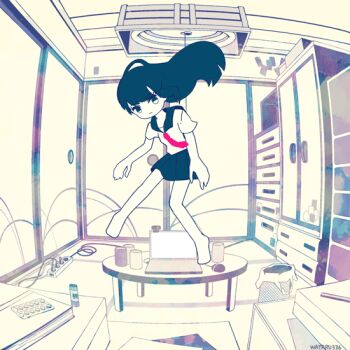 1boy 1girl animal animated animated_gif artist_name barefoot closed_eyes closed_mouth commentary_request computer dog floating glasses indoors laptop long_hair original pleated_skirt round_eyewear sailor_collar school_uniform shirt short_sleeves shorts skirt smile transformation uekusa_wataru