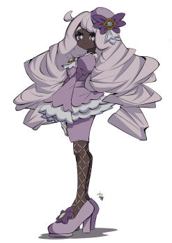 1girl absurdres ascot closed_mouth dark-skinned_female dark_skin dress fascinator frilled_ascot frills full_body gloves highres ida_(idalol490) jacinthe_(pokemon) juliet_sleeves long_hair long_sleeves looking_at_viewer low_drills mega_stone nintendo pokemon pokemon_legends:_z-a puffy_sleeves purple_dress purple_eyes purple_hair simple_background smile solo very_dark_skin white_background white_gloves