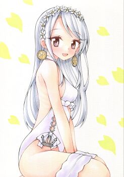 1girl anchor_ornament brown_eyes casual_one-piece_swimsuit choker clothing_cutout clover_background cowboy_shot cross-laced_clothes cross-laced_one-piece_swimsuit cutout_above_navel earrings flower food-themed_earrings food_themed_earrings frilled_one-piece_swimsuit frills furuta_tomohiro grey_hair hair_flower hair_ornament hairband highres jewelry kantai_collection lemon_earrings long_hair looking_at_viewer one-piece_swimsuit open_mouth sagiri_(kancolle) sagiri_(swimsuit)_(kancolle) side-tie_swimsuit sitting solo swimsuit wariza white_choker white_one-piece_swimsuit yellow_background