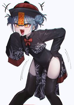 1girl :3 black_dress black_shirt black_thighhighs bow bowtie breasts covered_navel cropped_shirt donut_hair_bun dress fang hair_bun hand_on_own_hip hand_to_own_mouth hat highres jiangshi jiangshi_costume long_sleeves motion_lines ofuda ofuda_on_head onto3287 open_mouth original pelvic_curtain purple_hair qingdai_guanmao red_bow red_bowtie red_hat shirt sleeves_past_fingers sleeves_past_wrists small_breasts smile solo thighhighs thighs yellow_eyes