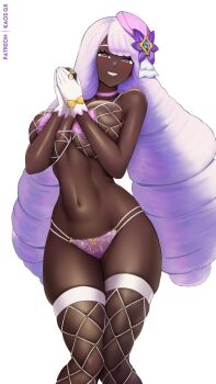 1girl blush breasts choker dark-skinned_female dark_skin fascinator fishnet_bra fishnet_thighhighs fishnets glove_bow gloves gold_ring holding holding_poke_ball jacinthe_(pokemon) kaos_art large_breasts long_hair looking_at_viewer low_drills luxury_ball mega_stone navel nintendo open_mouth panties pasties poke_ball pokemon pokemon_legends:_z-a purple_choker purple_eyes purple_hair purple_panties smile solo stomach teeth thighhighs underwear very_dark_skin