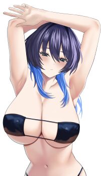 1girl :/ absurdres armpits arms_up bikini black_bikini black_hair blue_eyes blue_hair blush breasts closed_mouth colored_inner_hair commentary english_commentary highleg highleg_bikini highres hololive hololive_english holopromise large_breasts long_hair looking_at_viewer multicolored_hair navel ouro_kronii si_farid simple_background solo stomach strapless strapless_bikini swimsuit upper_body virtual_youtuber white_background wolf_cut
