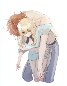 Rule 34 | 1boy, 1girl, absurdres, bent over, bite mark, blonde hair, blue shirt, breasts, cleavage, commentary request, cropped legs, flower, genshin impact, grey pants, hair between eyes, hair flower, hair ornament, hetero, hickey, highres, hug, hug from behind, implied after sex, lumine (genshin impact), medium breasts, naya nya23, orange hair, pants, shirt, short hair, short hair with long locks, short sleeves, simple background, squeans, tartaglia (genshin impact), topless male, translation request, white background, white flower, yellow eyes