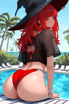 1girl ass bikini black_shirt commentary day english_commentary from_behind hat highres long_hair looking_at_viewer looking_back original palm_tree pool red_bikini red_eyes red_hair shirt sitting solo swimsuit tree val_(yan_kodiac) witch_hat yan_kodiac