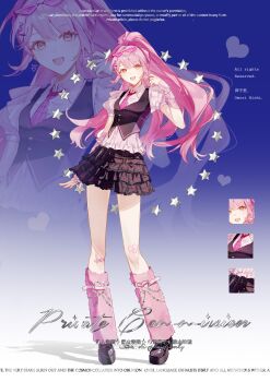 1girl absurdres bandaid bandaid_on_knee bandaid_on_leg bead_bracelet beads belt belt_buckle black_belt black_shoes black_skirt black_vest blue_background bow bow_earrings bracelet brown_eyes buckle buttons chain close-up collared_shirt colored_eyelashes commission earrings eyewear_on_head frilled_shirt frilled_skirt frilled_vest frills full_body fur_leg_warmers gradient_background hair_between_eyes hand_in_own_hair heart heart-shaped_bandaid heart_earrings high_ponytail highres infinity_nikki jewelry leg_belt leg_warmers loafers long_hair miniskirt multiple_belts necktie nikki_(nikki) nikki_(series) omorihishi open_mouth pink-tinted_eyewear pink_arm_warmers pink_belt pink_bow pink_hair pink_leg_warmers pink_necktie pink_shirt plaid_clothes plaid_necktie plaid_skirt pleated_skirt ponytail puffy_short_sleeves puffy_sleeves rosie_sweetheart_(infinity_nikki) sample_watermark shadow shirt shoes short_sleeves single_earring skirt smile solo standing star_(symbol) sunglasses tachi-e tie_clip tinted_eyewear too_many_watermarks triangular_eyewear vest watermark white_background y2k_fashion zoom_layer