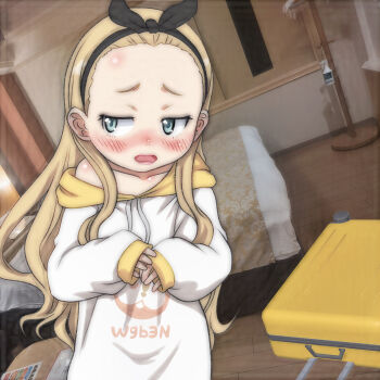 1girl bed blanket blonde_hair blue_eyes blush briefcase clothes_writing collarbone embarrassed hairband highres hood hoodie hotel_room kurumi_(lycoris_recoil) long_hair long_sleeves looking_to_the_side lycoris_recoil off-shoulder_hoodie off_shoulder open_mouth photo_background print_hoodie standing t_jiroo_(ringofriend) white_hoodie