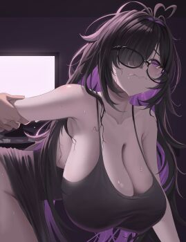 1boy 1girl @_@ absurdres arm_behind_back black_hair breasts cleavage clothes_lift commentary_request dress dress_lift glasses goddess_of_victory:_nikke grabbing_another's_arm hair_over_one_eye hetero highres huge_breasts implied_sex label_(nikke) long_hair messy_hair mole mole_on_breast monitor multicolored_hair purple_eyes purple_hair sami_(ami12702752) sex sex_from_behind sweat tears two-tone_hair very_long_hair