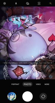 1girl 2boys ass blue_skin borrowed_character colored_skin cum cum_in_pussy dark-skinned_male dark_skin highres huge_ass impregnation jsq012 large_penis lipstick_mark lying multiple_boys on_side opaluva_(character) original penis penis_on_face sex stray_pubic_hair tongue tongue_out vaginal