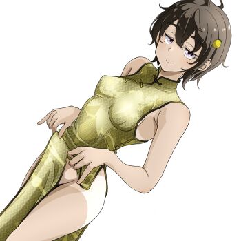 1girl bare_shoulders black_hair breasts china_dress chinese_clothes closed_mouth clothes_lift collared_shirt commentary dress dress_lift food-themed_hair_ornament green_dress hair_ornament lemon_hair_ornament lifting_own_clothes looking_at_viewer make_heroine_ga_oo_sugiru! pelvic_curtain print_dress purple_eyes ruri_(ruri_) shirt short_hair side_slit simple_background sleeveless sleeveless_dress small_breasts smug solo tan tanline thighs white_background white_shirt yakishio_lemon