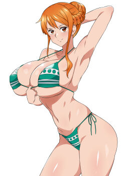 Rule 34 | 1girl, 2019, adapted costume, alternate breast size (larger), bare arms, bare shoulders, bikini, breasts, brown eyes, cleavage, curvy, female focus, green bikini, highres, huge breasts, kagemusha, long hair, looking at viewer, nami (one piece), nami (one piece) (return to sabaody), navel, official alternate hairstyle, one piece, orange hair, simple background, smile, solo, stomach, strap gap, striped bikini, striped clothes, swimsuit, thick thighs, thighs, underboob, upper body, white background, wide hips
