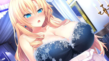 1girl bare_shoulders blonde_hair blue_bra blue_eyes blush bra breasts candelabra candlestand cleavage collarbone dutch_angle earrings embarrassed eyes_visible_through_hair hair_between_eyes huge_breasts indoors iris_december_uncry jewelry lace lace-trimmed_bra lace_trim lingerie long_hair nora_to_oujo_to_noraneko_heart official_art oozora_itsuki open_mouth solo underwear undressing