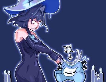 1girl black_hair blaparky blue_background blue_bow blue_dress blue_sleeves bonk bow breasts candle commentary covered_navel detached_sleeves dress english_commentary hair_intakes hat highres hitting hololive hololive_english kronie_(ouro_kronii) large_breasts medium_hair ouro_kronii virtual_youtuber witch_hat