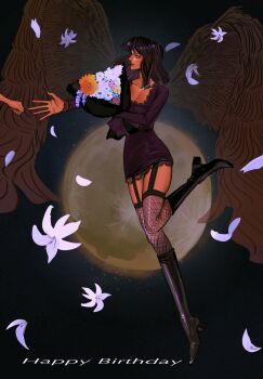 Rule 34 | 1girl, black boots, black hair, blunt bangs, boots, bouquet, closed mouth, dress, falling petals, fishnet thighhighs, fishnets, flower, full body, hana hana no mi, happy birthday, hashtag-only commentary, highres, holding, holding bouquet, long sleeves, medium hair, moon, nico robin, one piece, out of frame, petals, purple dress, rufi sky, solo, thigh strap, thighhighs, wings
