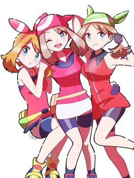 3girls ;d bandana bike_shorts blush bow_hairband breasts brown_hair commentary_request eyelashes gloves green_bandana grey_eyes hairband knees looking_at_viewer may_(pokemon) may_(pokemon_emerald) may_(pokemon_oras) multiple_girls multiple_persona nintendo one_eye_closed open_mouth orange_hair pantyhose pantyhose_under_shorts pokemon pokemon_emerald pokemon_oras pokemon_rse red_bandana sheyona shirt shoes shorts skirt sleeveless sleeveless_shirt smile teeth tongue upper_teeth_only yellow_shoes