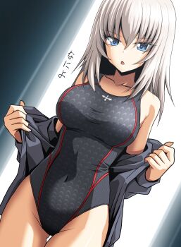 1girl absurdres blue_eyes breasts commentary_request competition_swimsuit dutch_angle girls_und_panzer grey_hair grey_jacket grey_one-piece_swimsuit highres itsumi_erika jacket kamishima_kanon looking_at_viewer medium_breasts one-piece_swimsuit solo standing swimsuit thigh_gap undressing
