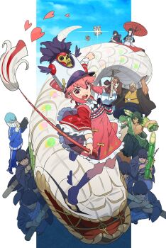 Rule 34 | 4girls, 6+boys, bamboo, black hair, black kimono, blonde hair, blue hair, blue jacket, blue kimono, blue pants, blunt bangs, brown hair, character request, clothing request, dress, frilled dress, frills, fur-trimmed kimono, fur trim, gamagoori ira, green hair, hat, heart, highres, indian style, inumuta houka, jacket, jakuzure nonon, japanese clothes, kill la kill, kimono, kiryuuin satsuki, long hair, looking at viewer, mankanshoku mako, matoi ryuuko, multiple boys, multiple girls, nishiki kazue, obi, oil-paper umbrella, one-star students, open mouth, pants, pink dress, pink eyes, pink hair, purple sash, red umbrella, sanageyama uzu, sash, seiza, short hair, sitting, teeth, track jacket, track pants, umbrella, upper teeth only, white kimono, wide sleeves